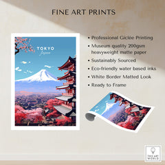 Tokyo Travel Poster featuring Mount Fuji and cherry blossoms, perfect for home decor and gifts.