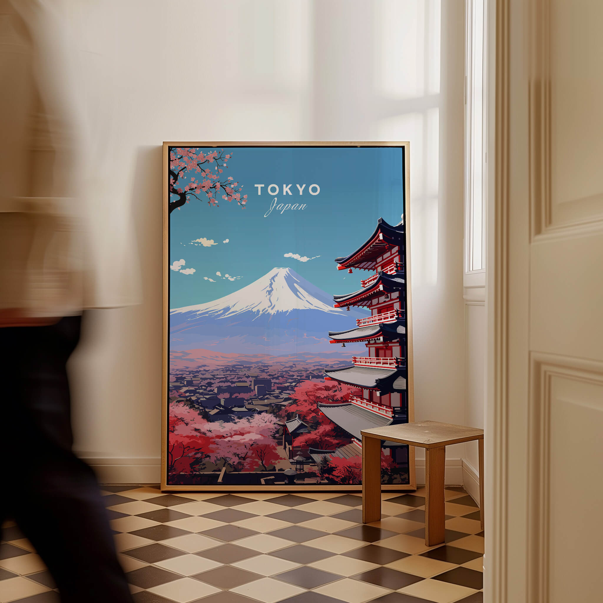 Tokyo Travel Poster featuring a scenic view of Mount Fuji and traditional architecture in Japan.