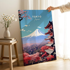 Tokyo Travel Poster featuring scenic view of Mt. Fuji and traditional Japanese architecture with vibrant colors.