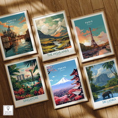 Tokyo Travel Poster among other travel posters, showcasing vibrant design and adventure themes.