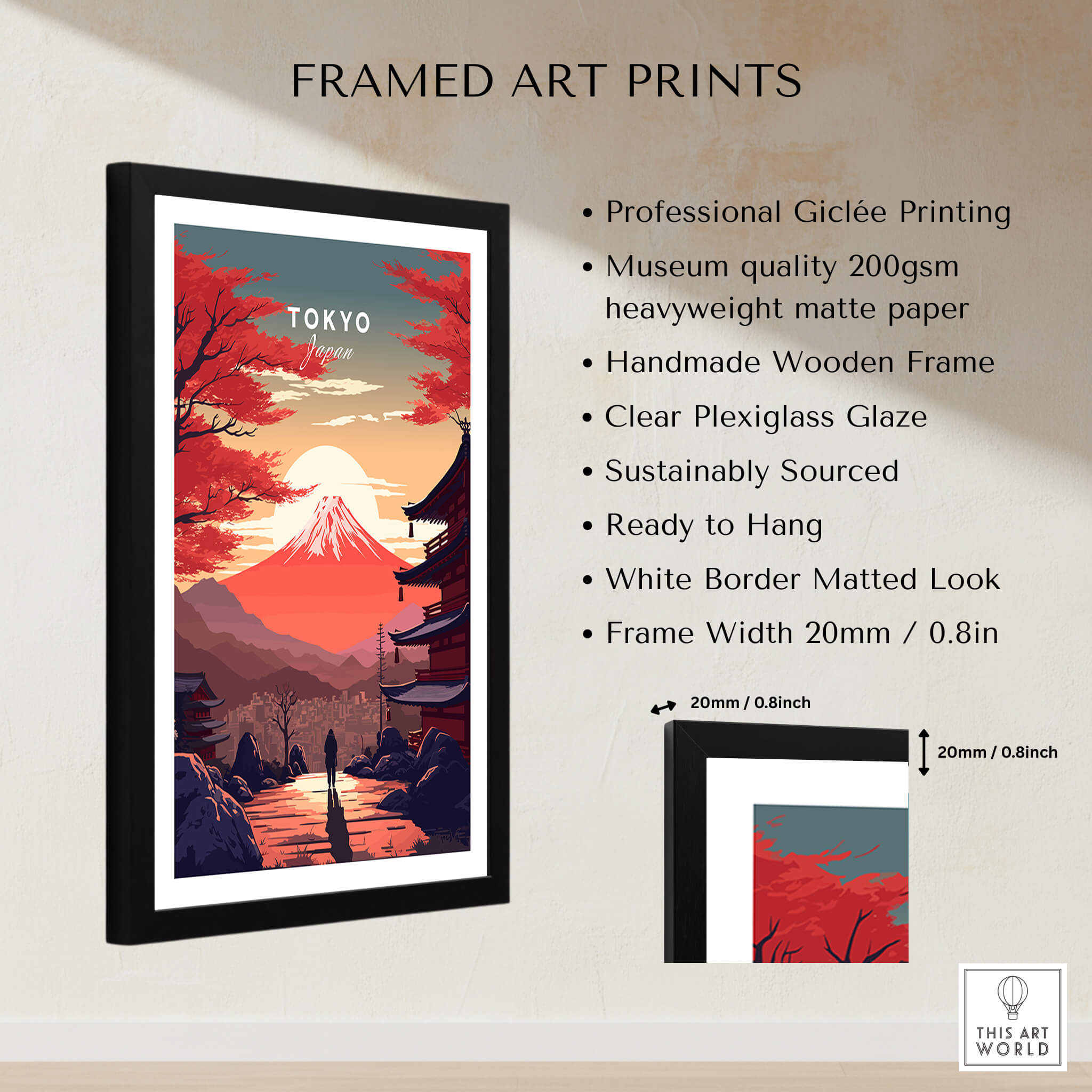 Tokyo Wall Art featuring Mount Fuji with a sunset, beautifully framed and ready to hang.