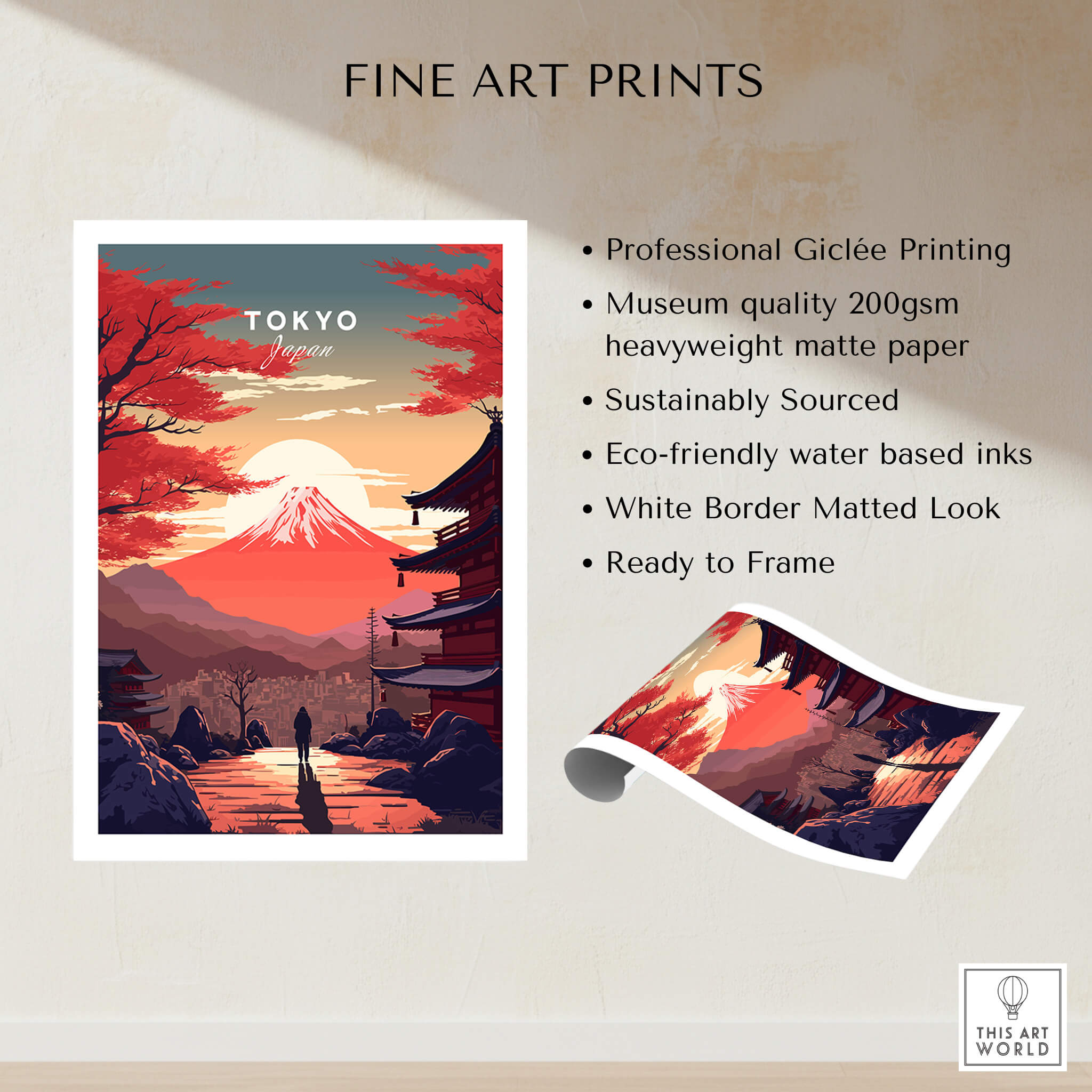 Tokyo Wall Art featuring Mount Fuji at sunset, vibrant colors, ready to frame, eco-friendly inks