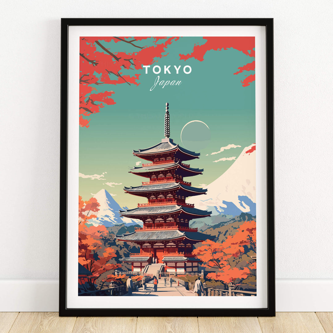 Tokyo Japan Poster showcasing a beautiful pagoda surrounded by vibrant autumn colors and mountains.