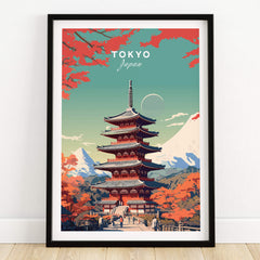 Tokyo Japan Poster showcasing a beautiful pagoda surrounded by vibrant autumn colors and mountains.