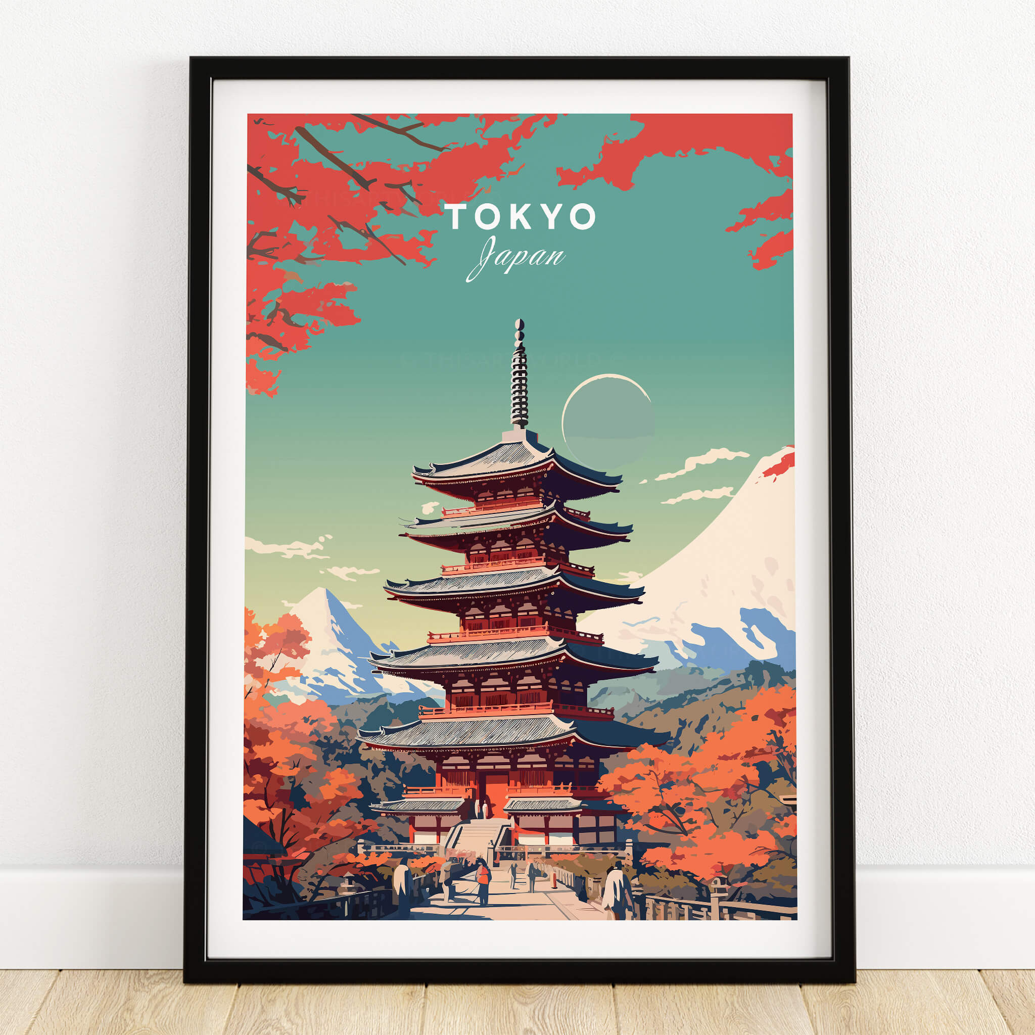 Tokyo Japan Poster showcasing a beautiful pagoda surrounded by vibrant autumn colors and mountains.