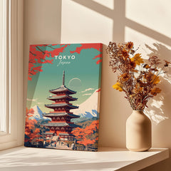 Tokyo Japan Poster featuring vibrant colors and detailed design of a pagoda and Mount Fuji.