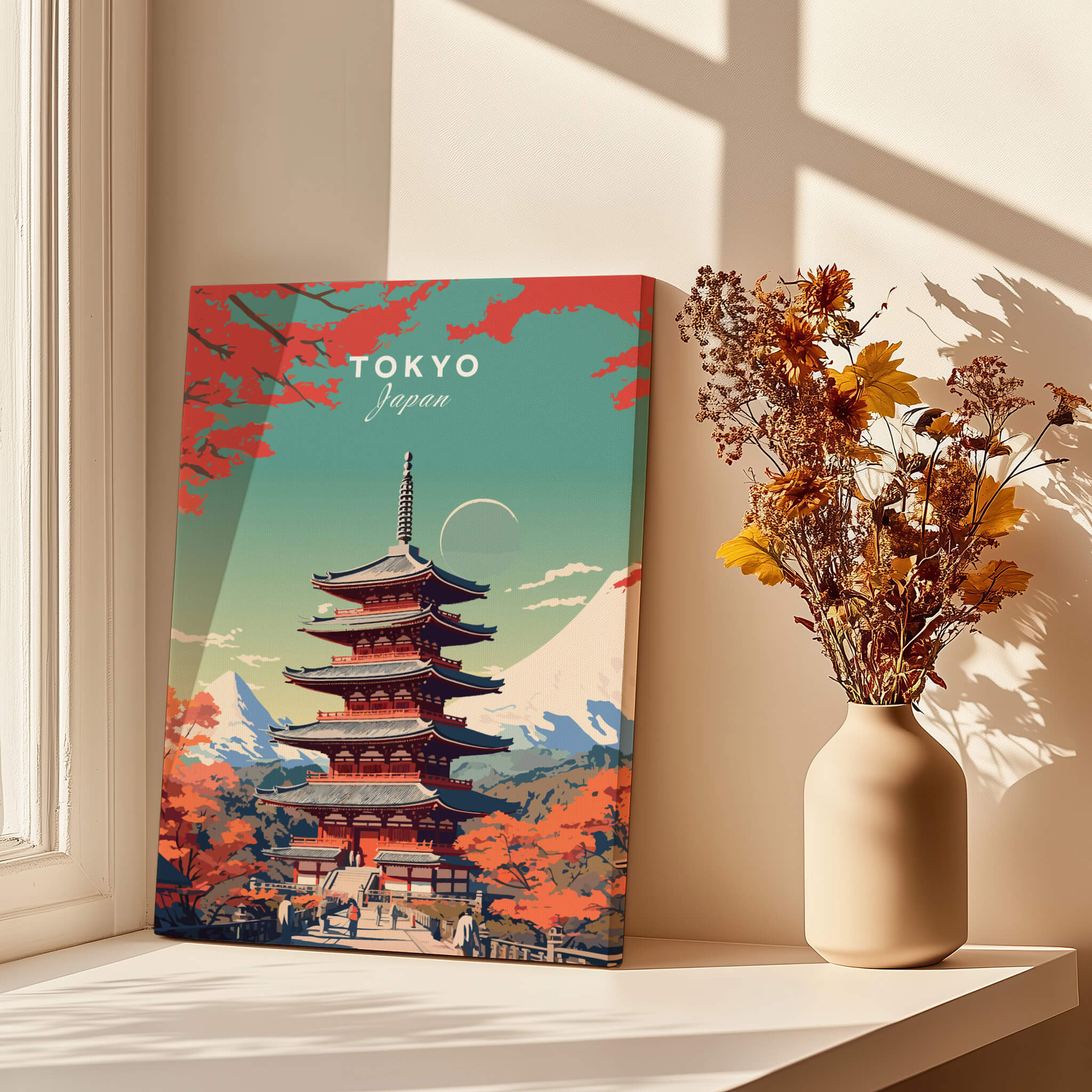 Tokyo Japan Poster featuring vibrant colors and detailed design of a pagoda and Mount Fuji.