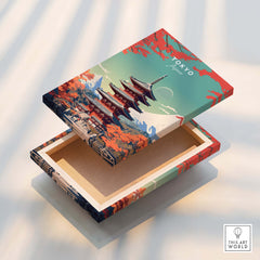 Tokyo Japan Poster featuring a colorful design of a traditional Japanese pagoda and autumn leaves.