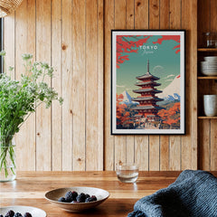 Tokyo Japan Poster displayed in a cozy home setting with beautiful wood paneling and decorative plants.