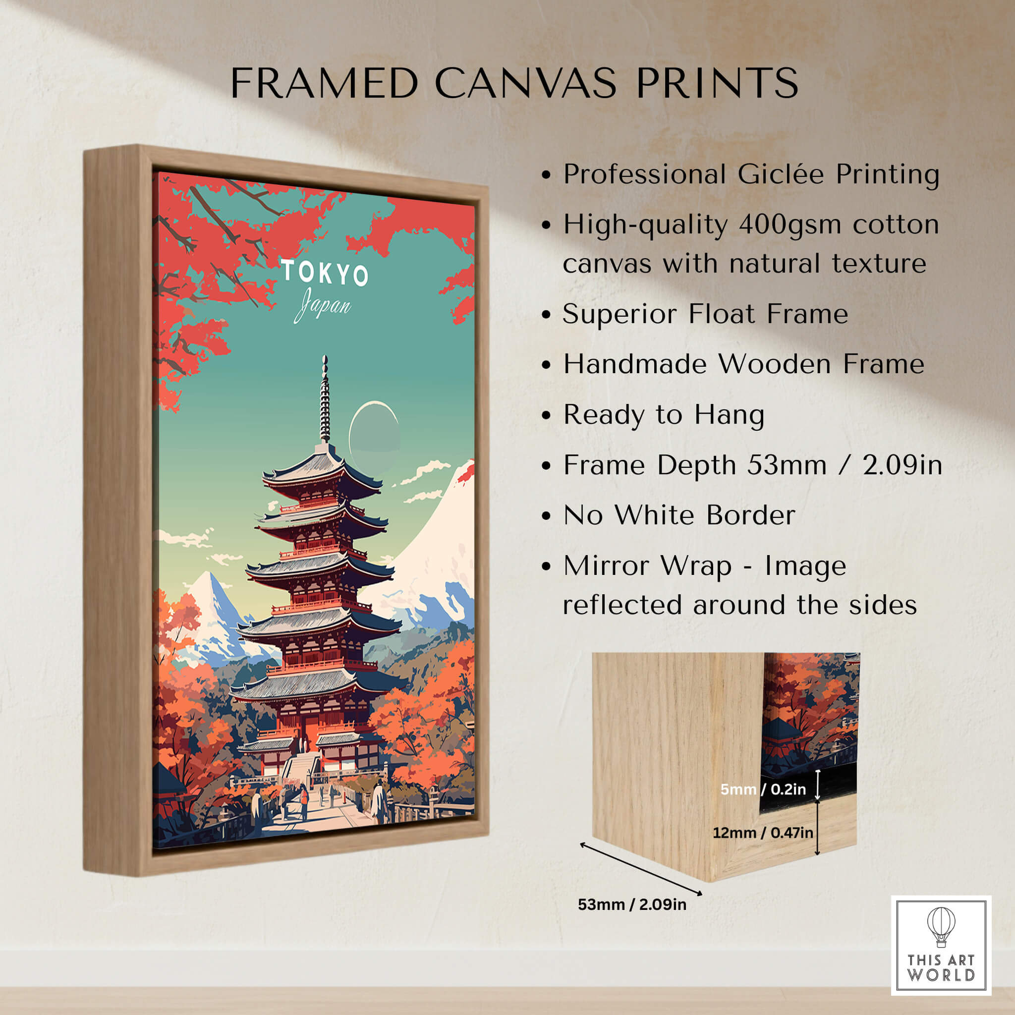 Tokyo Japan Poster featuring a colorful scene with a pagoda, framed for easy hanging and showcasing vibrant details.