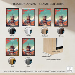 Tokyo Japan Poster framed in various colors including black, white, natural, brown, gold, and silver.