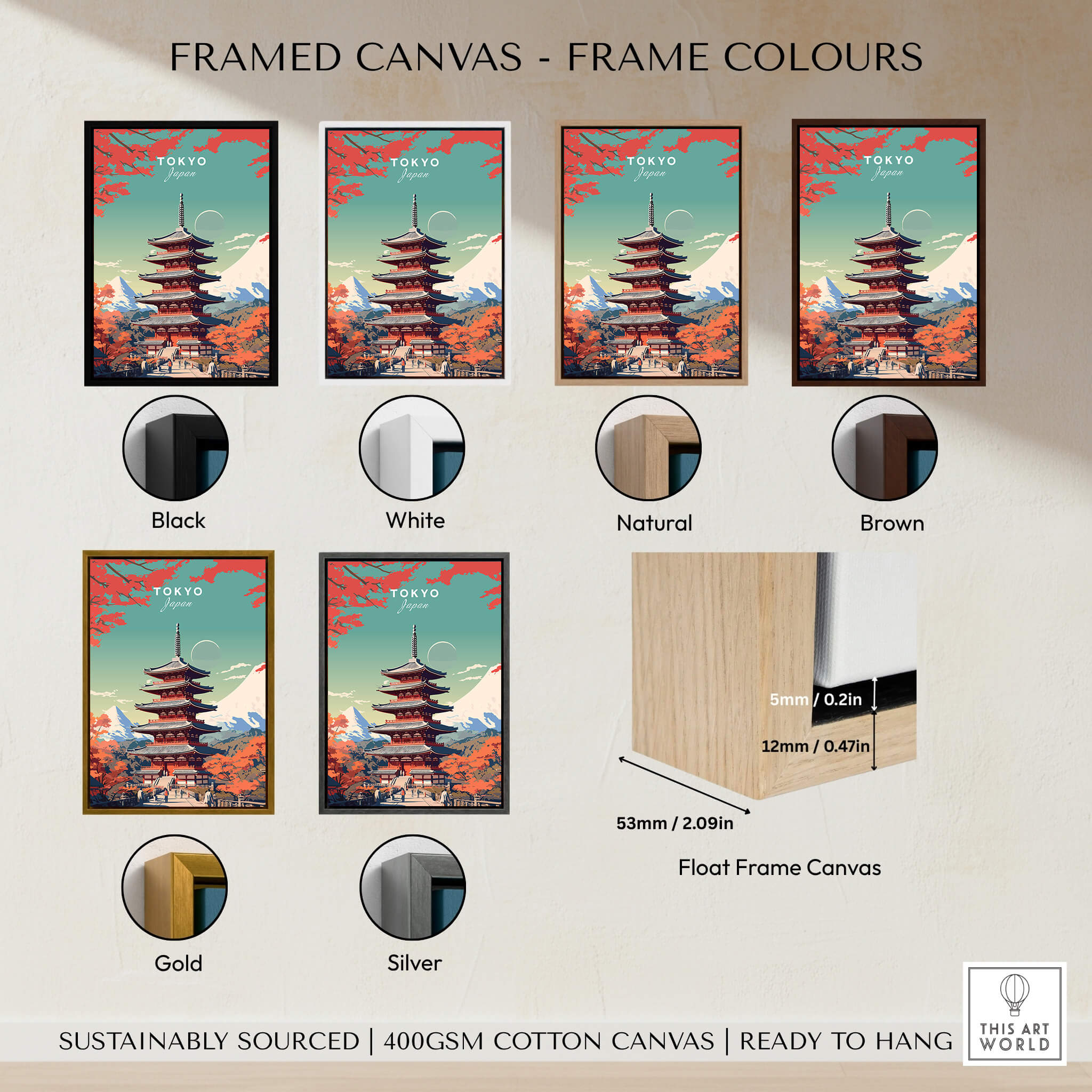 Tokyo Japan Poster framed in various colors including black, white, natural, brown, gold, and silver.