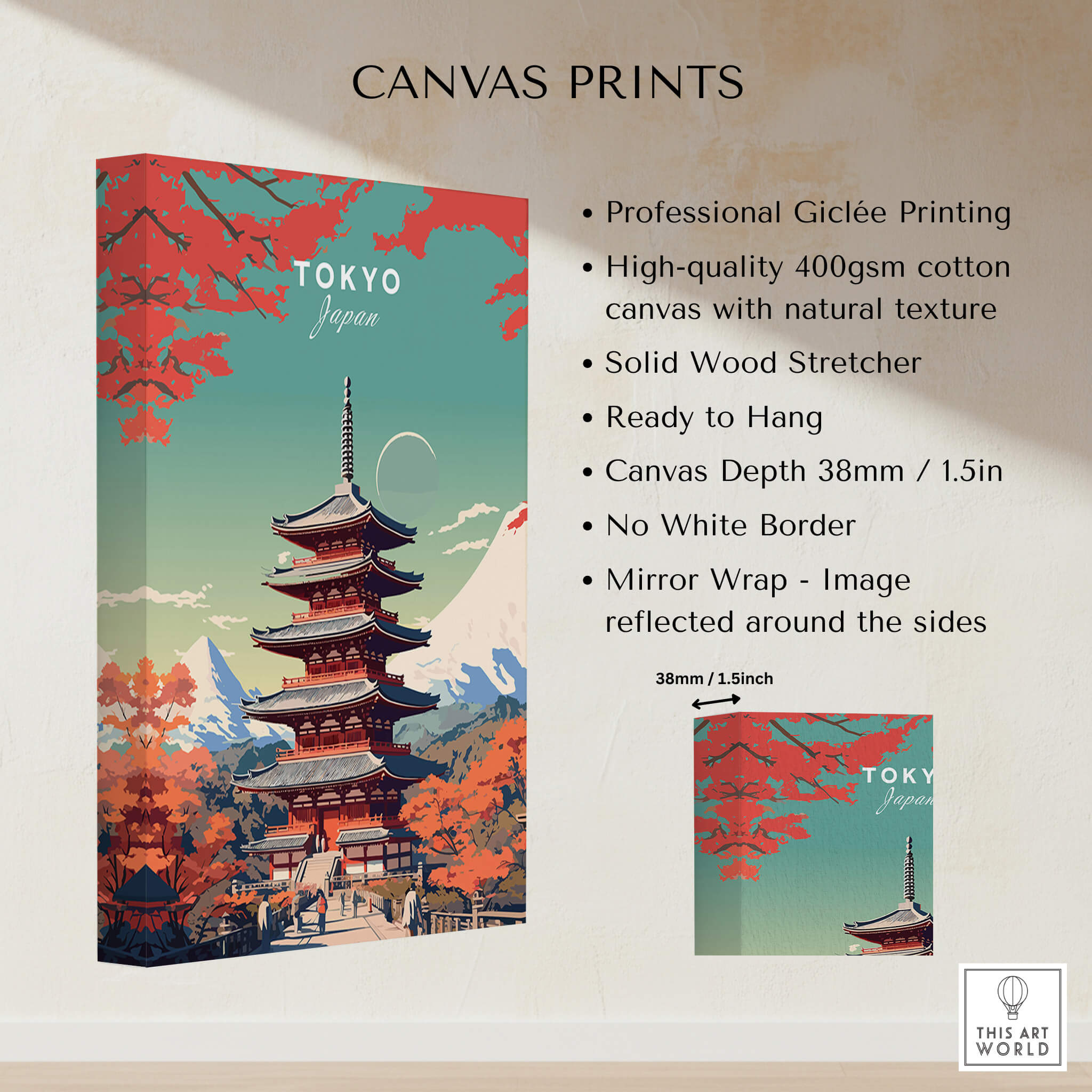 Tokyo Japan Poster showcasing vibrant Giclée printing on premium canvas, perfect for home decor.
