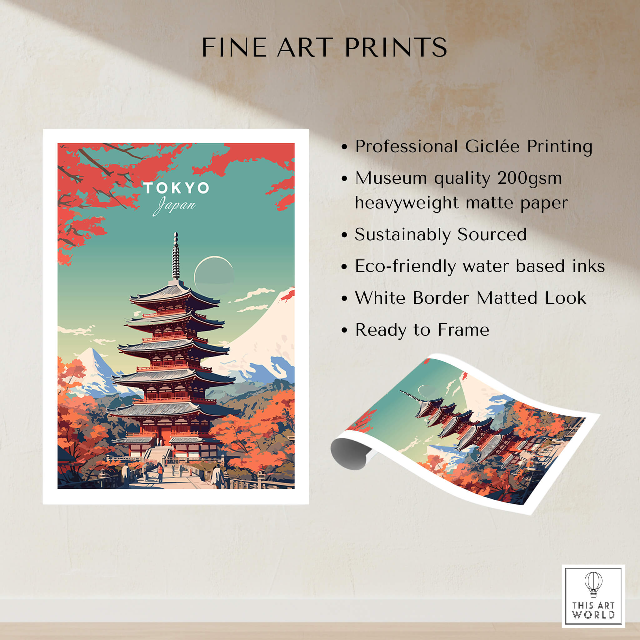 Tokyo Japan Poster featuring a traditional pagoda and vibrant autumn colors, perfect for home decor.