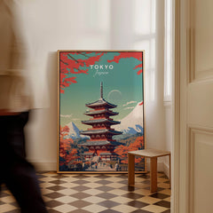 Tokyo Japan Poster featuring a pagoda and vibrant colors, capturing the essence of Tokyo's beauty.