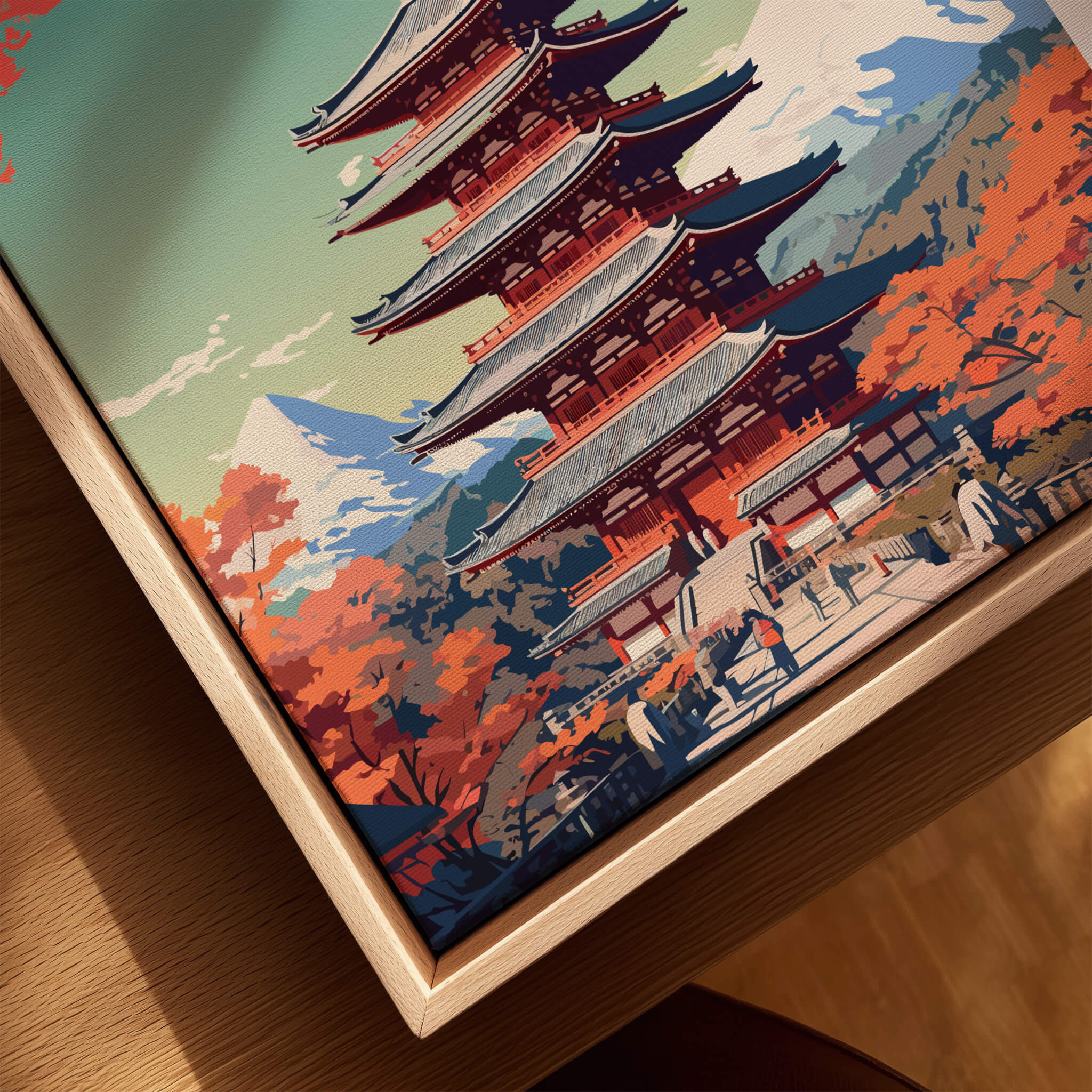 Tokyo Japan Poster featuring vibrant colors of a traditional pagoda and autumn foliage.
