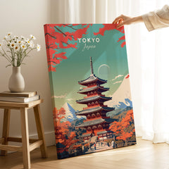 Tokyo Japan Poster featuring a beautiful pagoda surrounded by autumn colors and mountains.