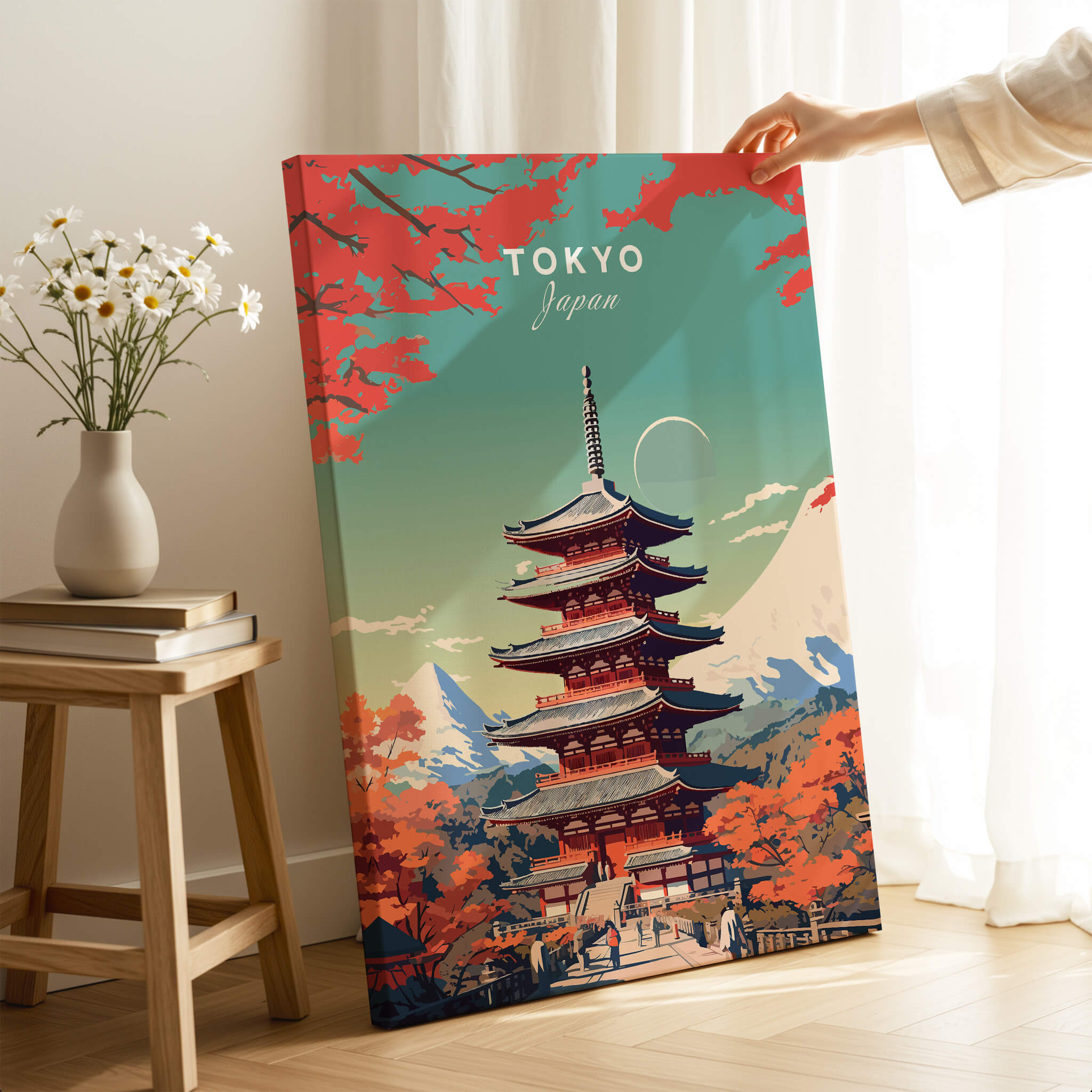 Tokyo Japan Poster featuring a beautiful pagoda surrounded by autumn colors and mountains.