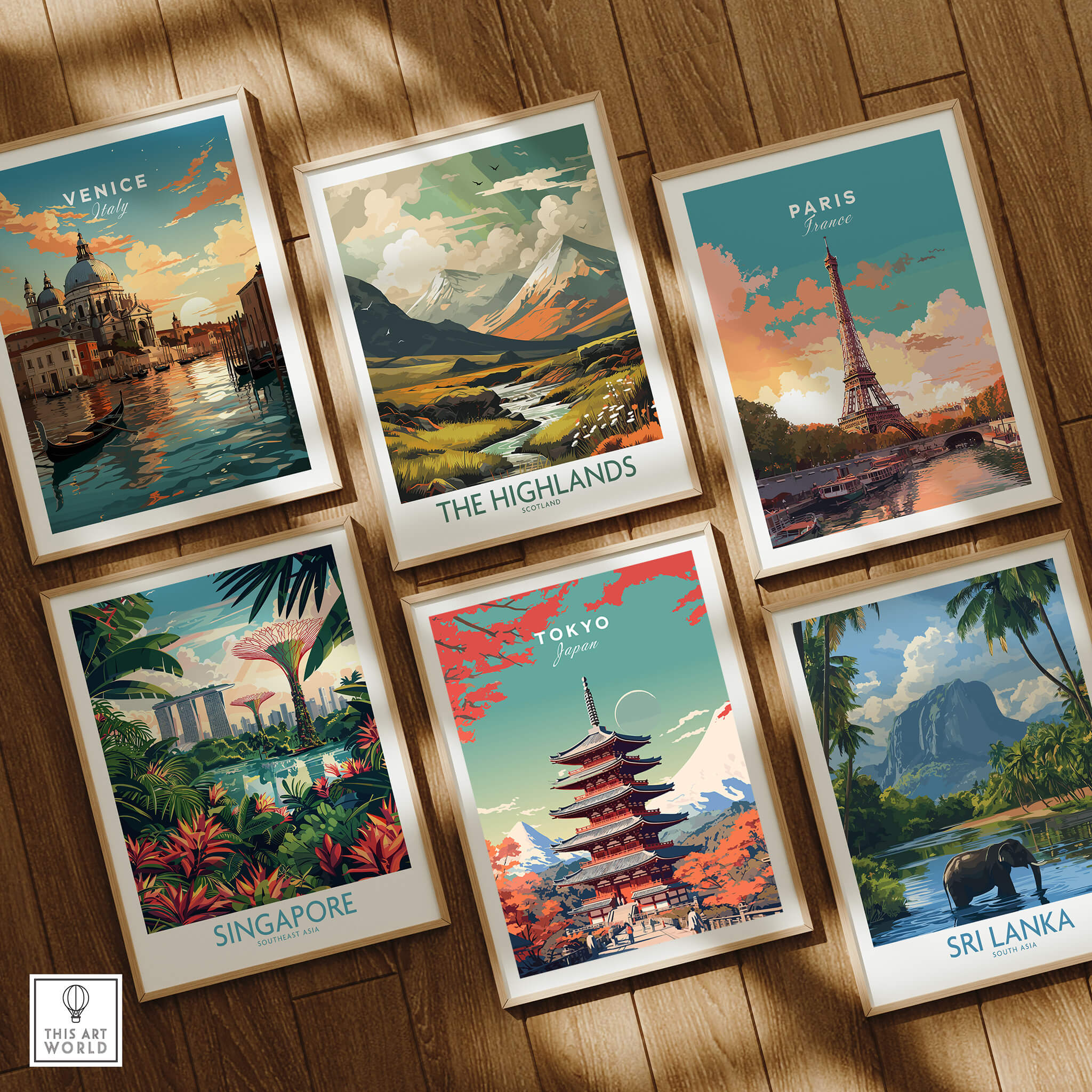 Tokyo Japan Poster among travel-themed art prints featuring Venice, Paris, Singapore, The Highlands, and Sri Lanka.