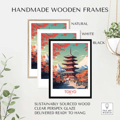 Handmade wooden frames in natural, white, and black for a Tokyo Japan poster with vibrant autumn scene.