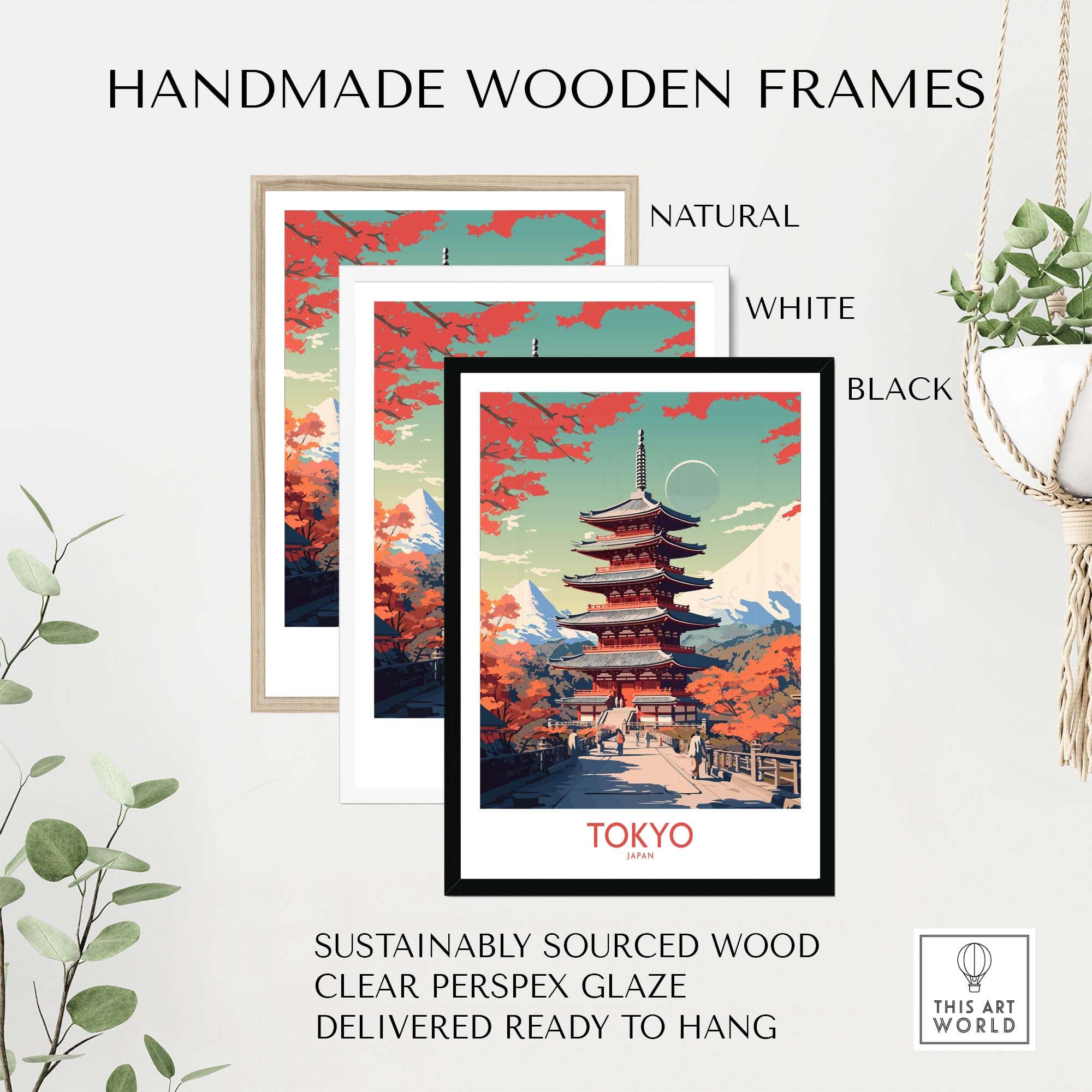 Handmade wooden frames in natural, white, and black for a Tokyo Japan poster with vibrant autumn scene.