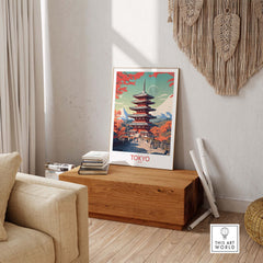 Tokyo Japan poster depicting a vibrant pagoda scene, perfect for modern home decor.
