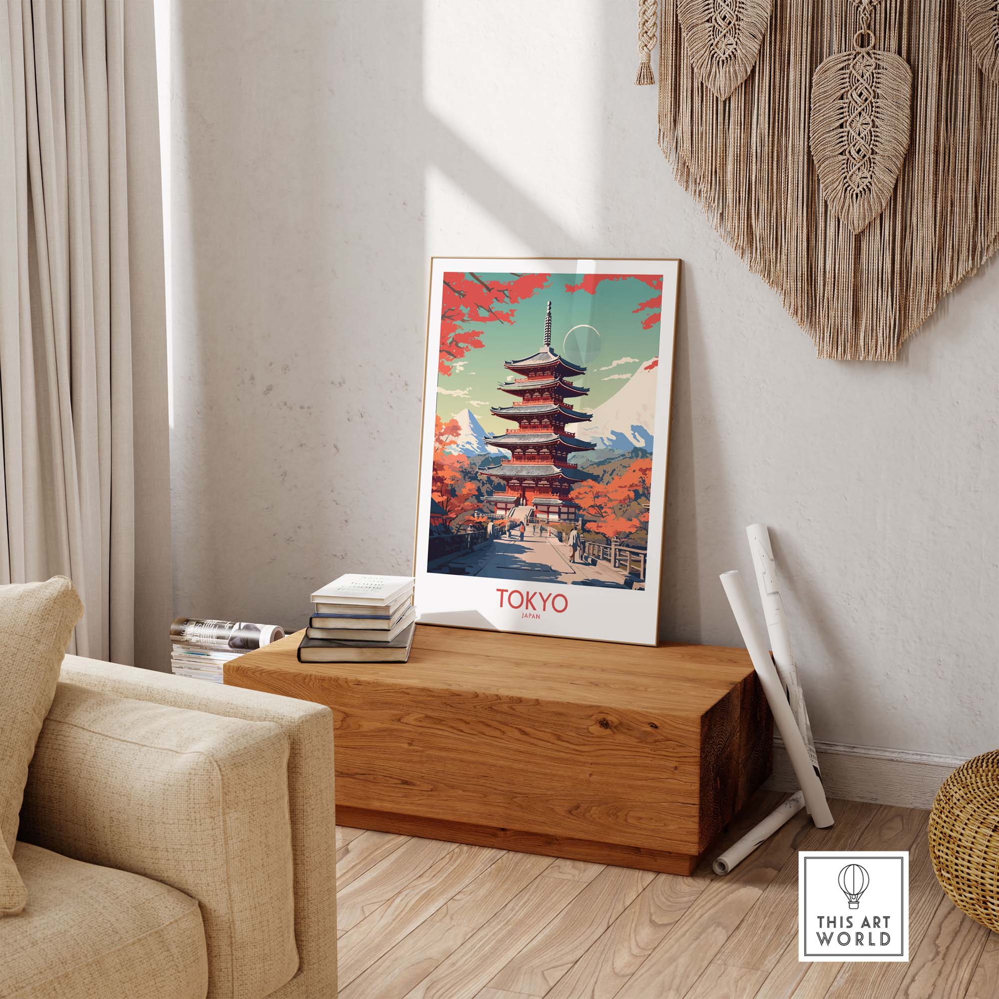 Tokyo Japan poster depicting a vibrant pagoda scene, perfect for modern home decor.