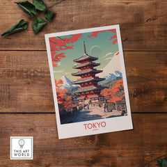 Modern Tokyo Japan poster featuring colorful pagoda against a scenic backdrop, perfect for home decor.