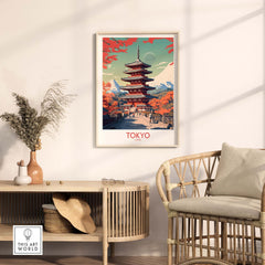Modern Tokyo Japan poster showing a pagoda surrounded by autumn colors, enhancing home decor with vibrant art.