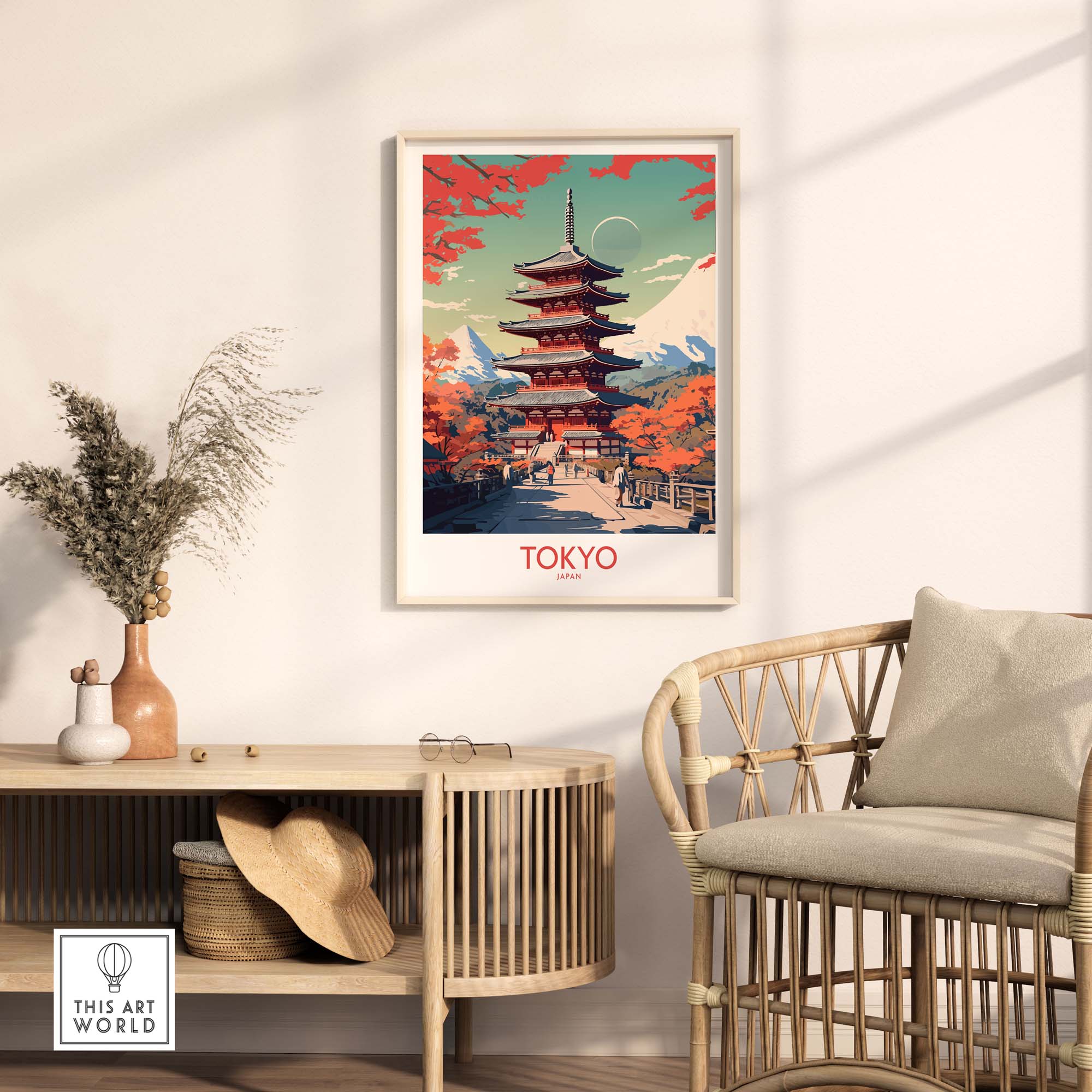 Modern Tokyo Japan poster showing a pagoda surrounded by autumn colors, enhancing home decor with vibrant art.