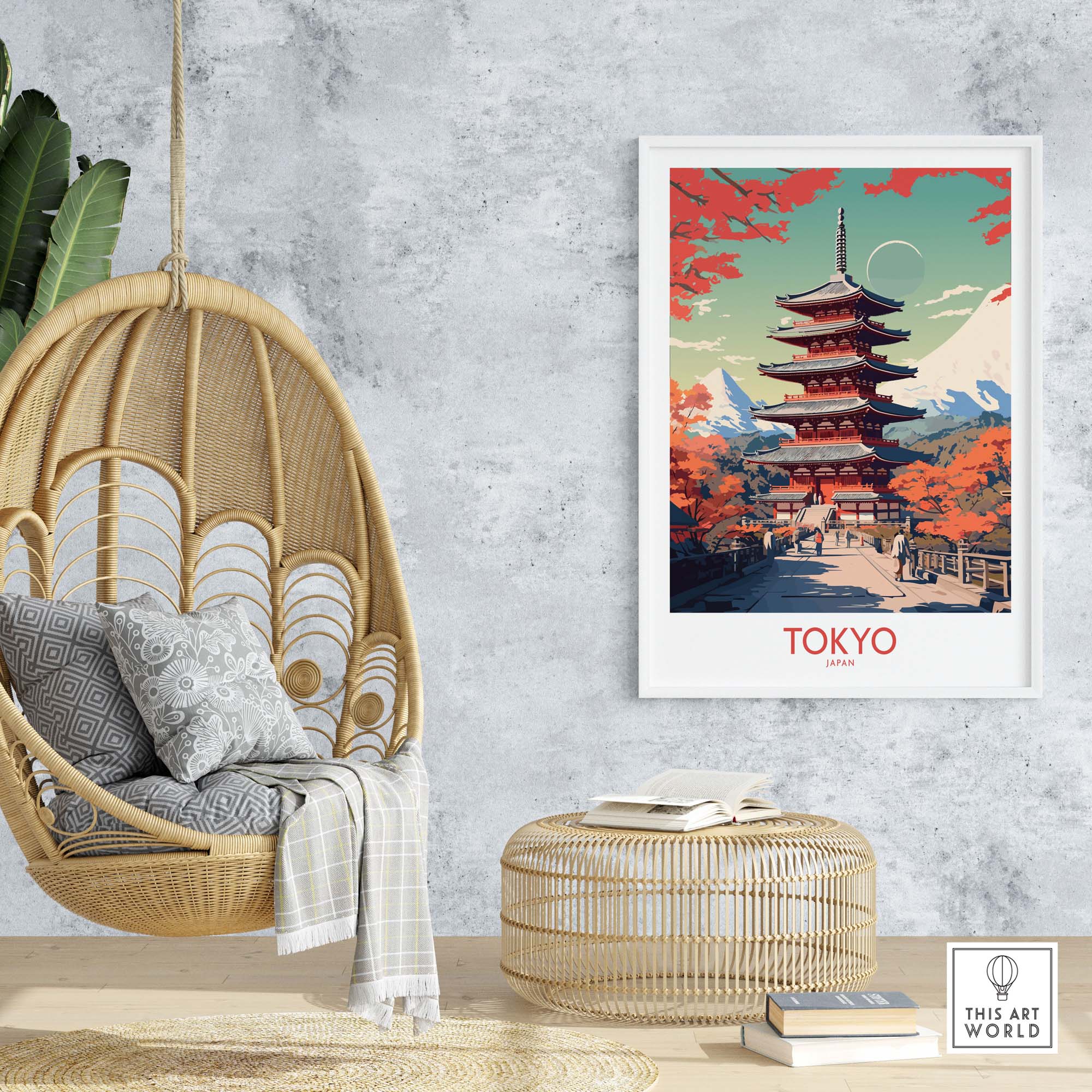 Modern Tokyo Japan poster featuring a pagoda surrounded by autumn colors, enhancing home decor.