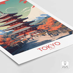 Tokyo Japan poster featuring modern art style with vibrant colors and iconic pagoda background.
