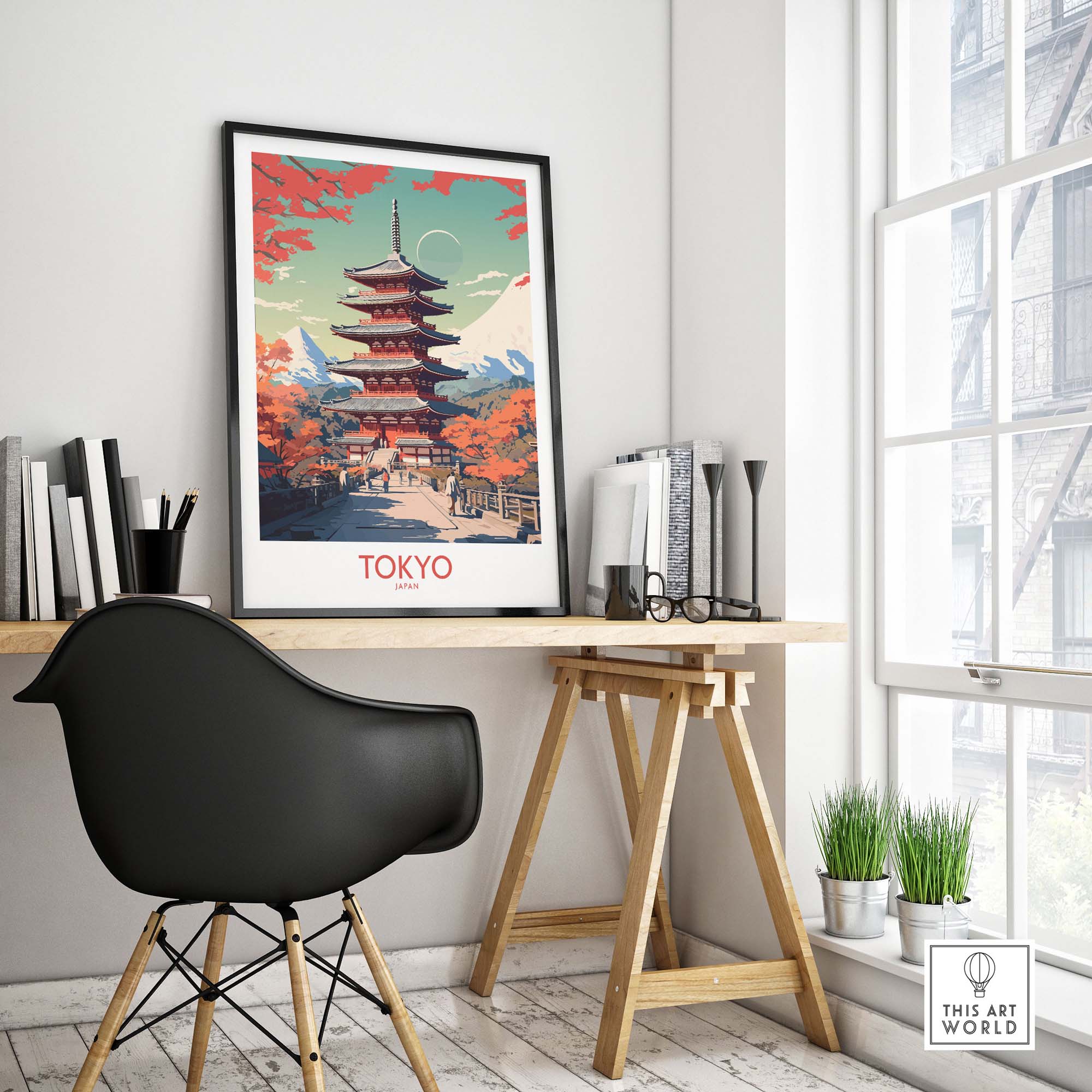 Tokyo Japan poster displayed in a modern home office decor, featuring vibrant colors and a pagoda design.