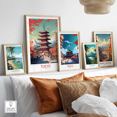 Framed art prints of Tokyo, Beijing, Philippines, Costa Rica, and Grand Canyon in modern decor setting.