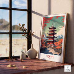Tokyo Japan poster featuring traditional architecture and vibrant colors in a modern setting.