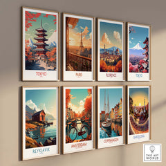 Gallery wall of modern travel posters featuring Tokyo, Paris, Florence, Reykjavik, Amsterdam, Copenhagen, and Barcelona.