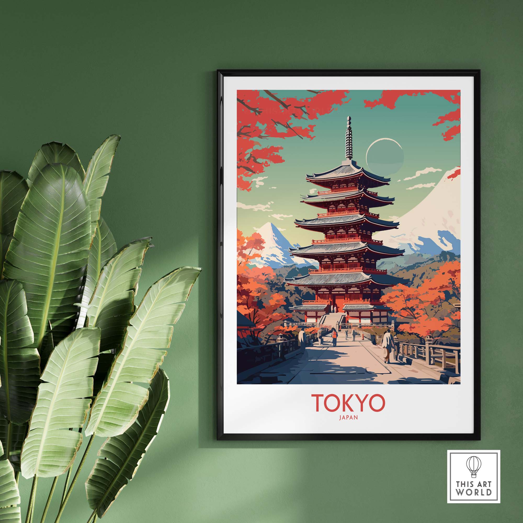 Modern Tokyo Japan poster featuring vibrant colors and traditional pagoda amidst autumn foliage.