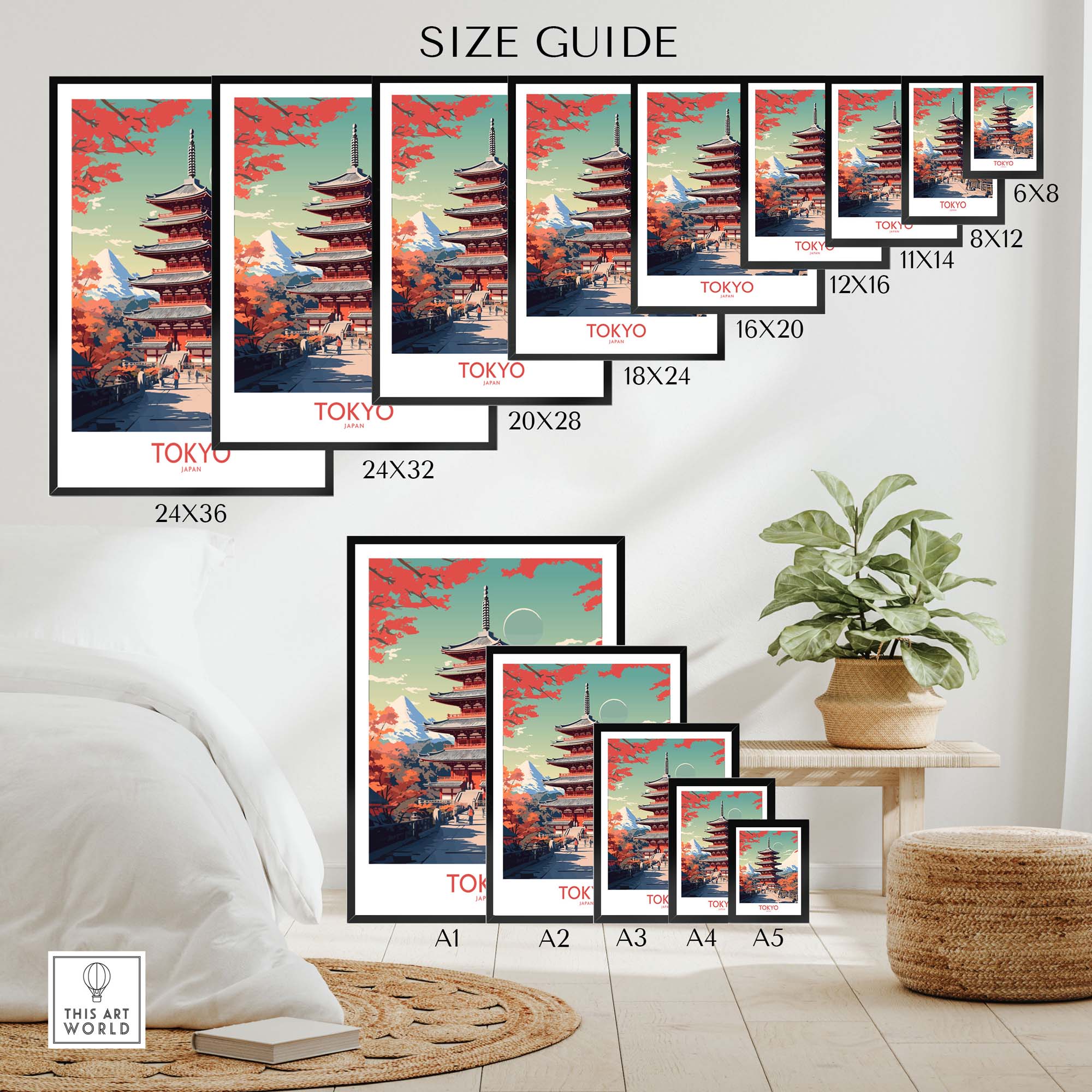 Size guide for Tokyo Japan Poster in modern style, showcasing various sizes for wall decor options.