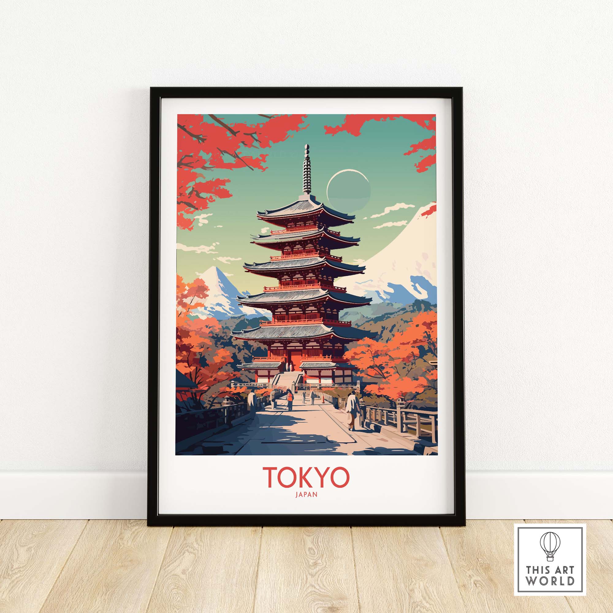 Tokyo Japan poster featuring a vibrant pagoda with autumn leaves, perfect for modern home decor.