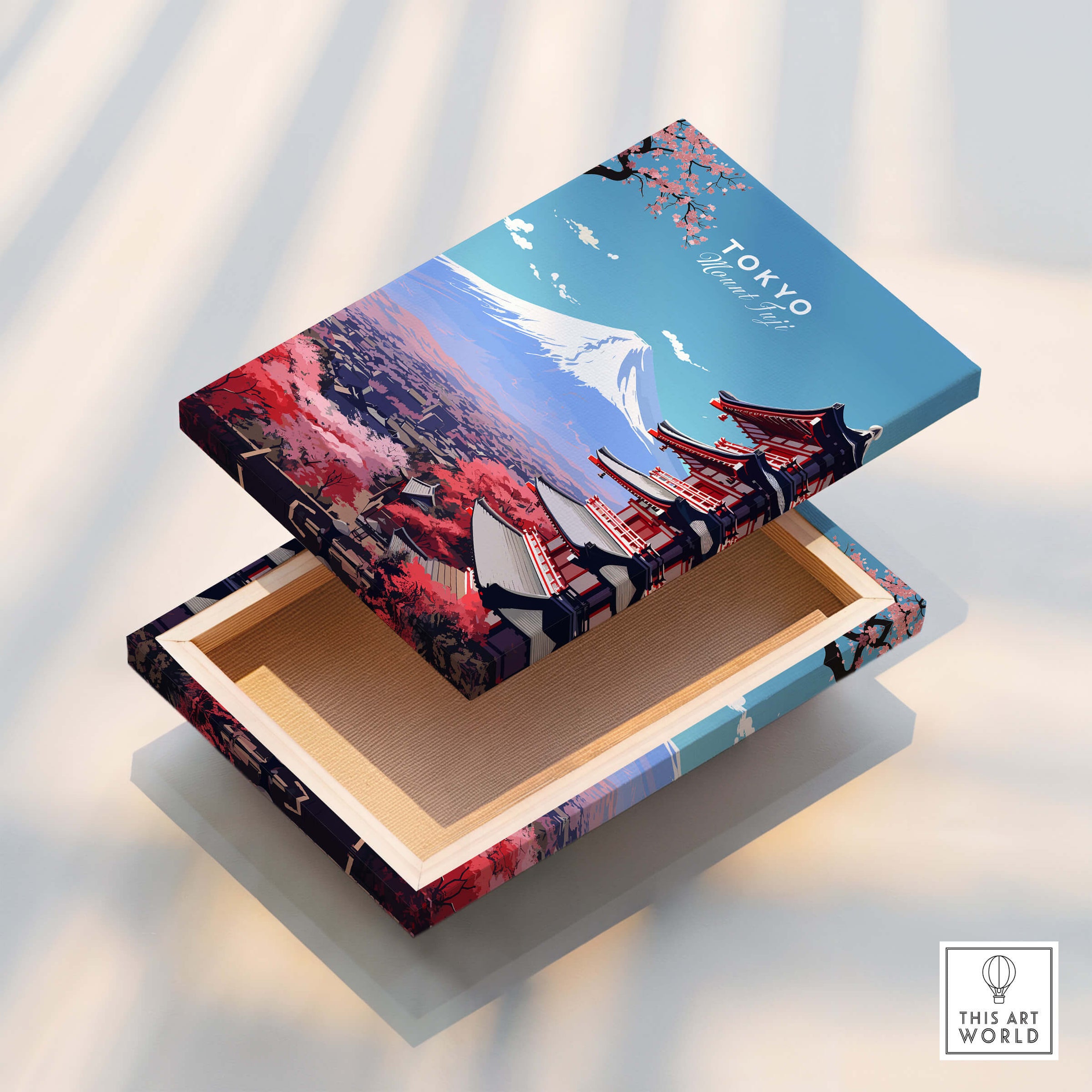 Mount Fuji Print Japan decorative box with vibrant Tokyo landscape and cherry blossoms.