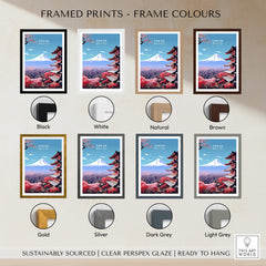 Mount Fuji Print Japan framed prints in various colors including black, white, natural, brown, gold, silver, dark grey, and light grey.