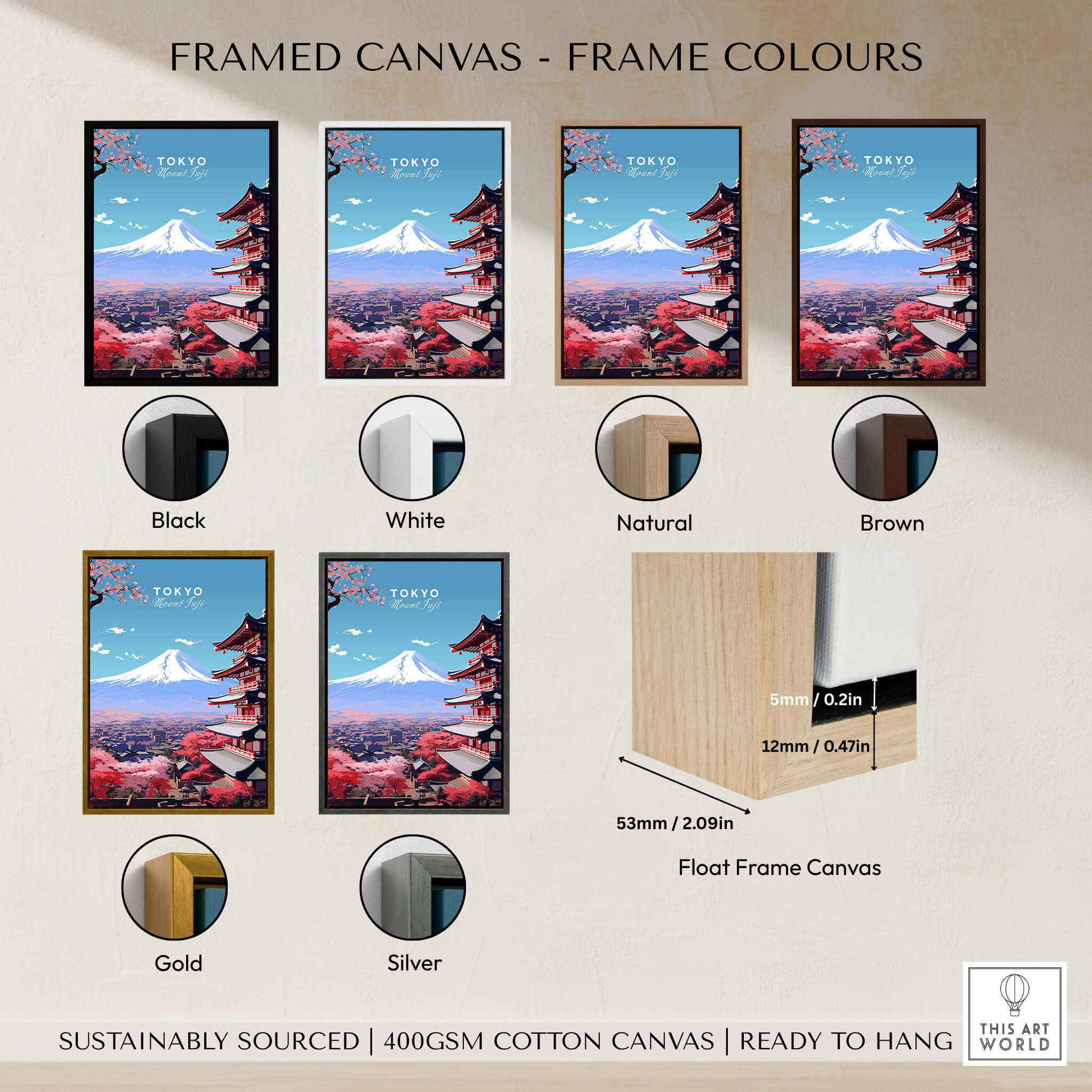 Mount Fuji Print Japan framed canvas options in various frame colors including black, white, natural, brown, gold, and silver.