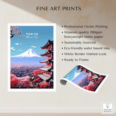 Mount Fuji Print Japan poster showcasing vibrant colors and Tokyo's skyline with cherry blossoms.