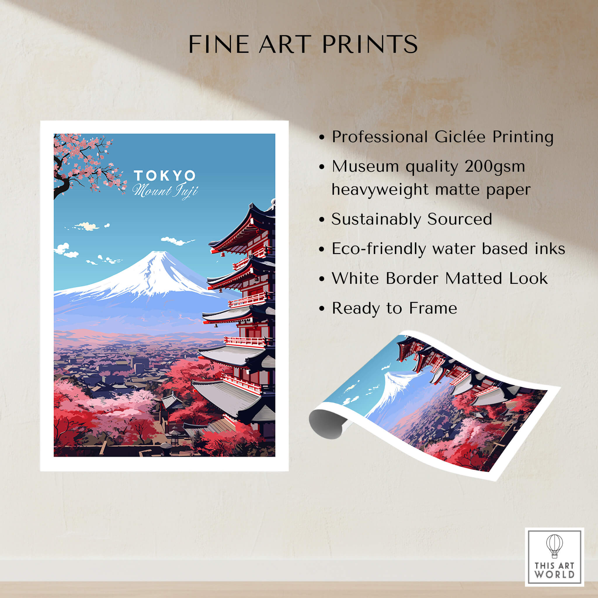 Mount Fuji Print Japan poster showcasing vibrant colors and Tokyo's skyline with cherry blossoms.