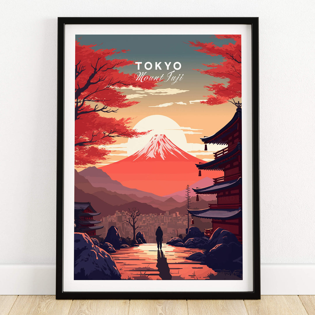 Tokyo Mount Fuji Poster showcasing a vibrant landscape with Mount Fuji and traditional Japanese architecture.
