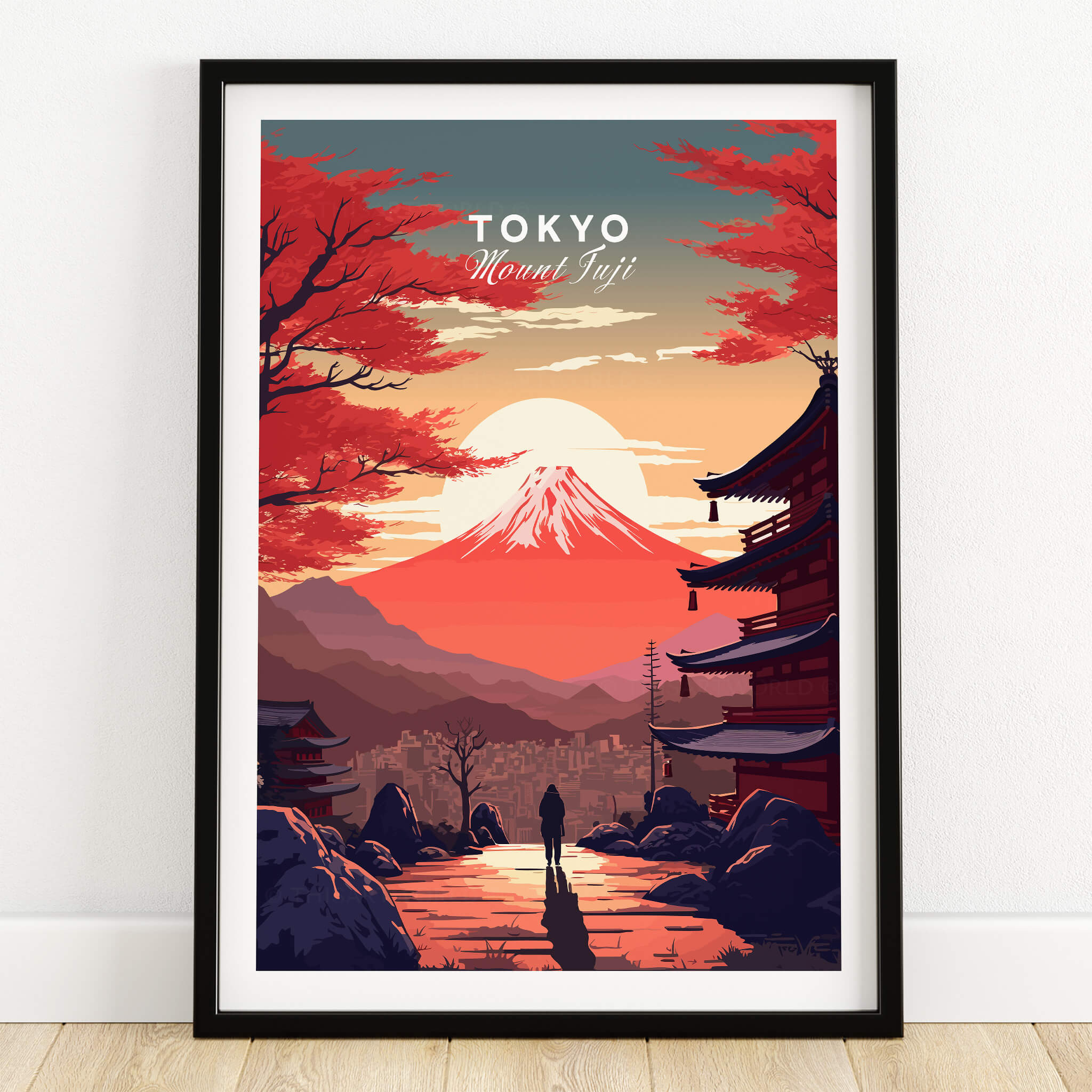 Tokyo Mount Fuji Poster showcasing a vibrant landscape with Mount Fuji and traditional Japanese architecture.