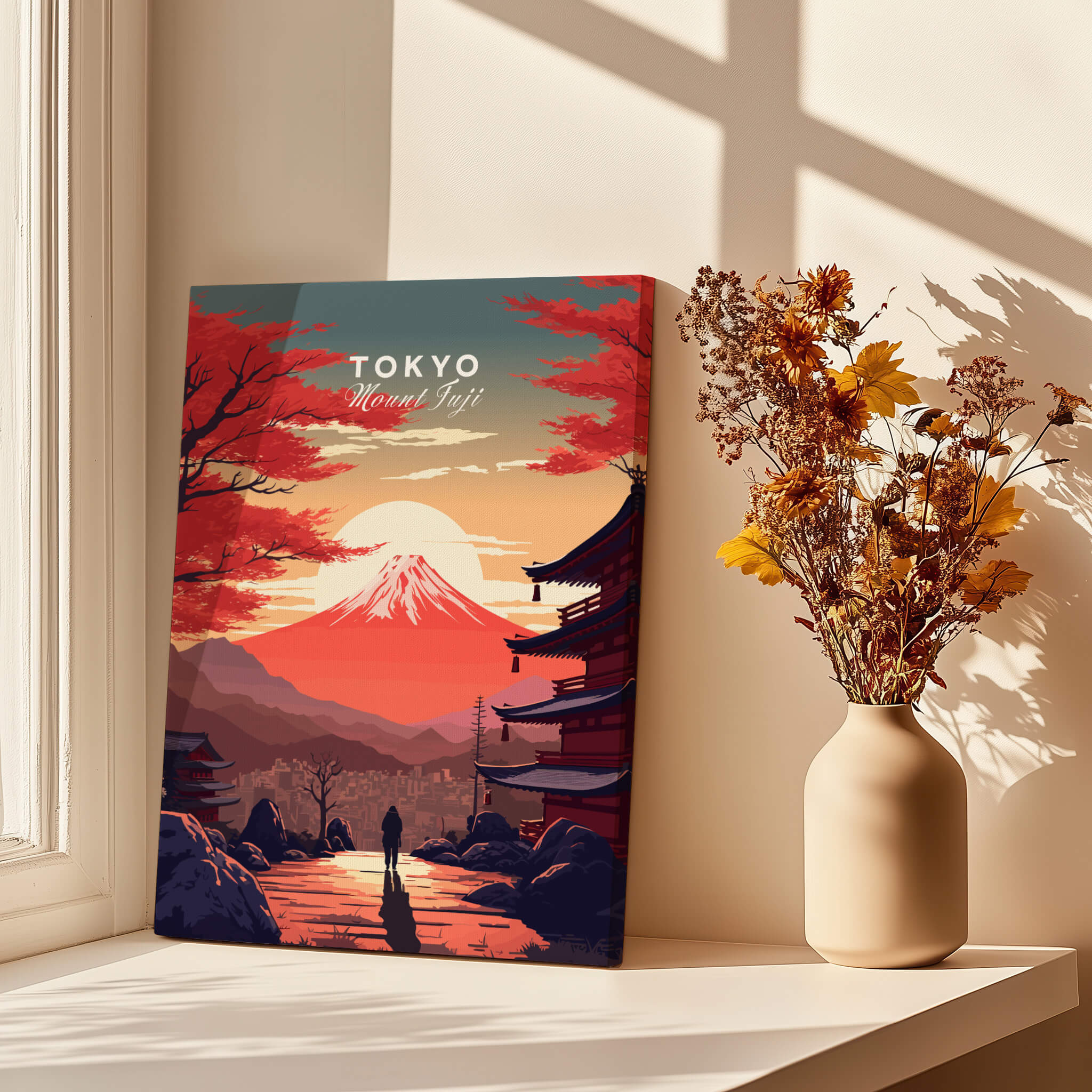 Stunning Tokyo Mount Fuji Poster displayed in a bright room with a vase of flowers, perfect for travel memories.