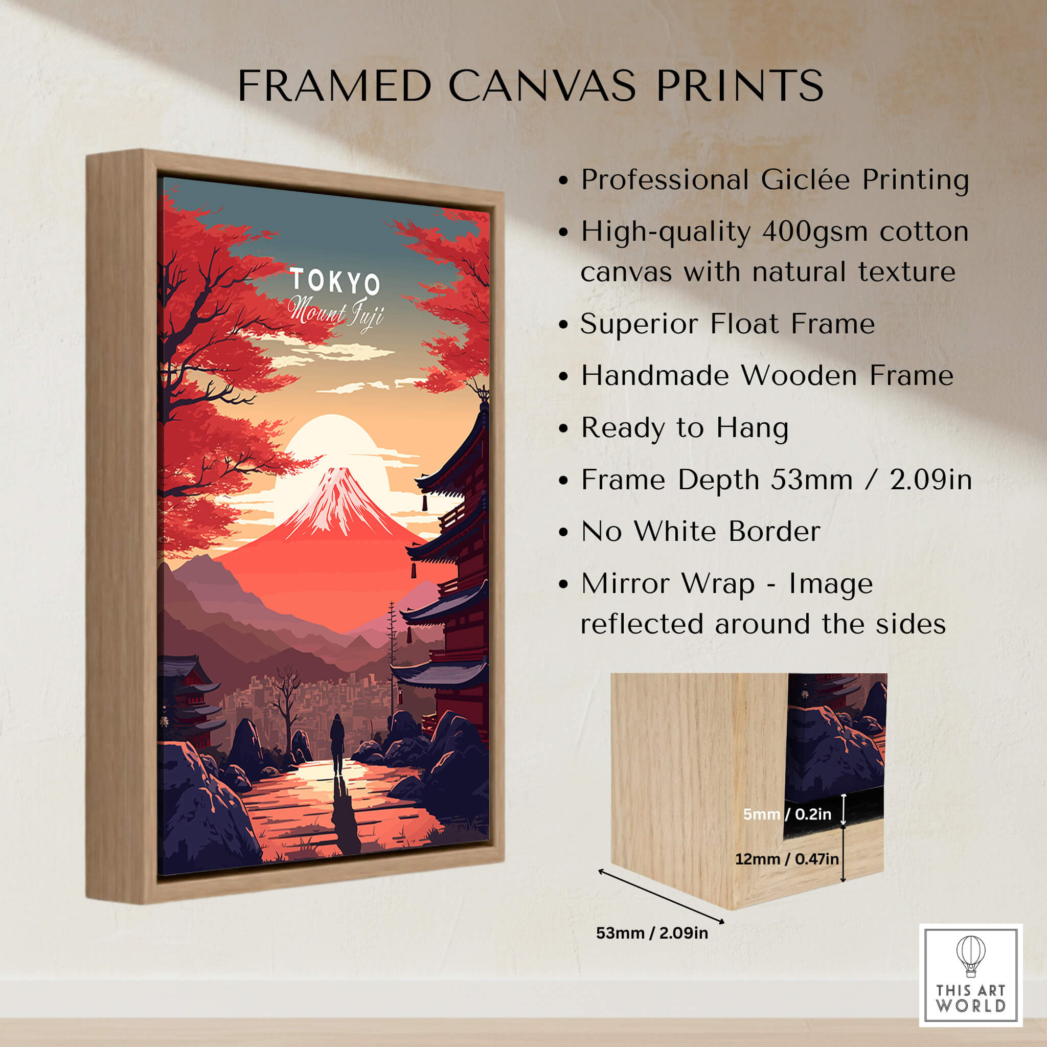 Tokyo Mount Fuji Poster framed canvas print with professional Giclée printing and wood frame.