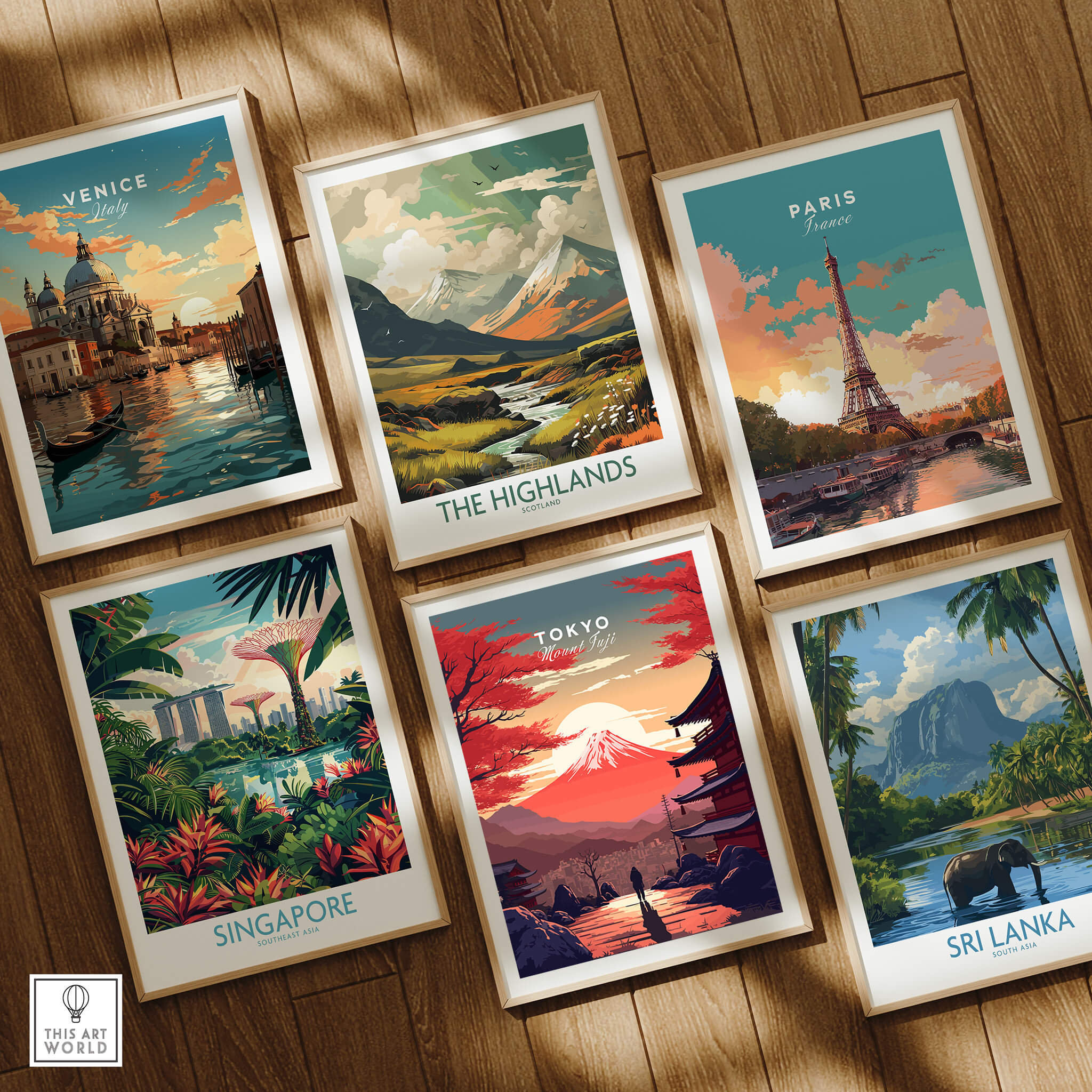 Collection of travel posters including Tokyo Mount Fuji Poster, Venice, Paris, Singapore, Sri Lanka, and The Highlands.