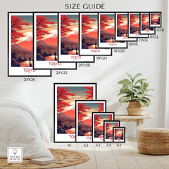 Size guide for Tokyo wall art featuring Mount Fuji with modern design options for decor.